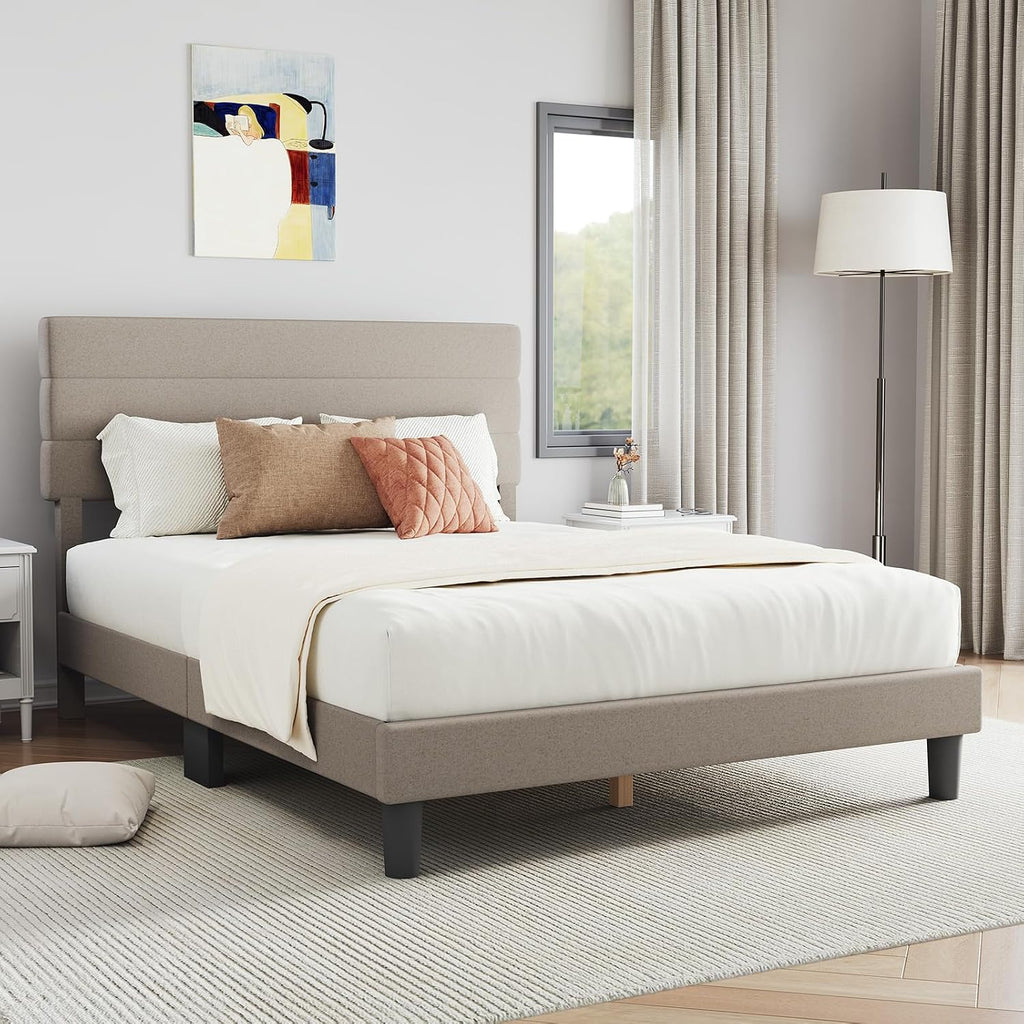 Novilla Full Size Bed Frame with Headboard, Full Bed Frame with Wooden Slats Support, Linen Upholstered Stripe Headboard, No Box Spring Needed, Heavy Duty Feet, Easy Assembly, Beige