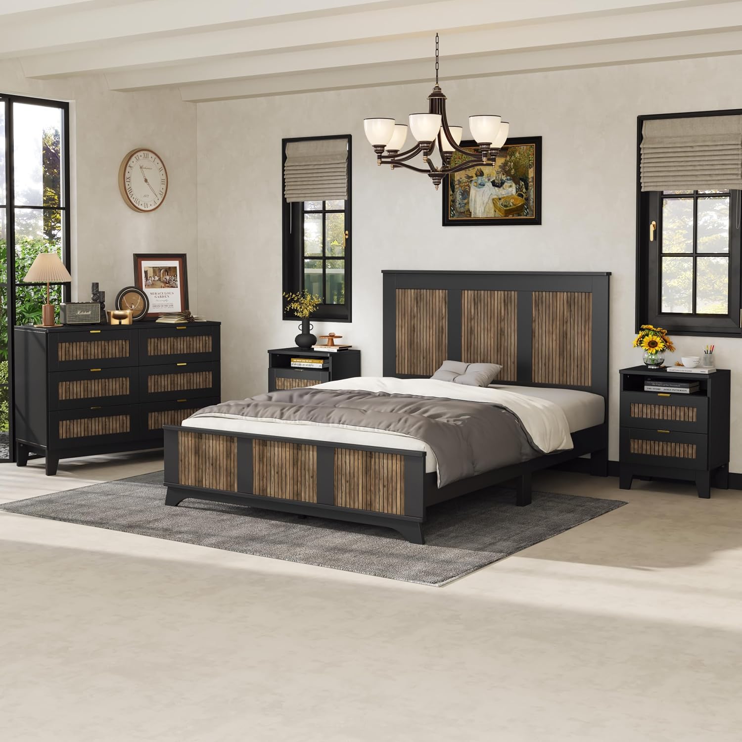 4-Pieces Bedroom Sets, Queen Size Farmhouse Platform Bed with Wooden Strip Decoration, 2 Storage Nightstands and A 6-Drawer Dresser with Metal Handle for Kids Teens, Black