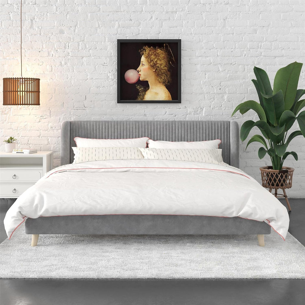 Novogratz Holly Upholstered Wingback Bed Frame, King, Light Gray Velvet