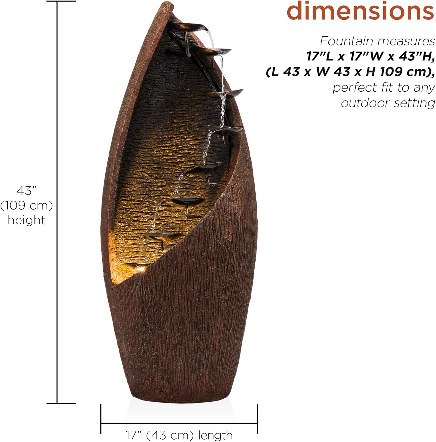 Alpine Corporation 43' Tall Outdoor Floor Contemporary Tiered Bronze Metal Water Fountain with LED Lights, Stylish Outdoor Water Feature for Garden and Patio Decor, Brown