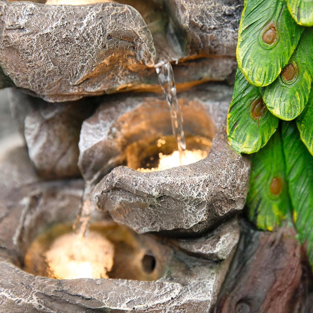Glitzhome Outdoor Water Fountain with Lights, 4-Tierd Peacock W/Stacked Stone Outdoor Fountain, 20.5' H Polyresin Decorative Waterfall Feature Garden Fountain with Pump for Garden, Patio, Porch
