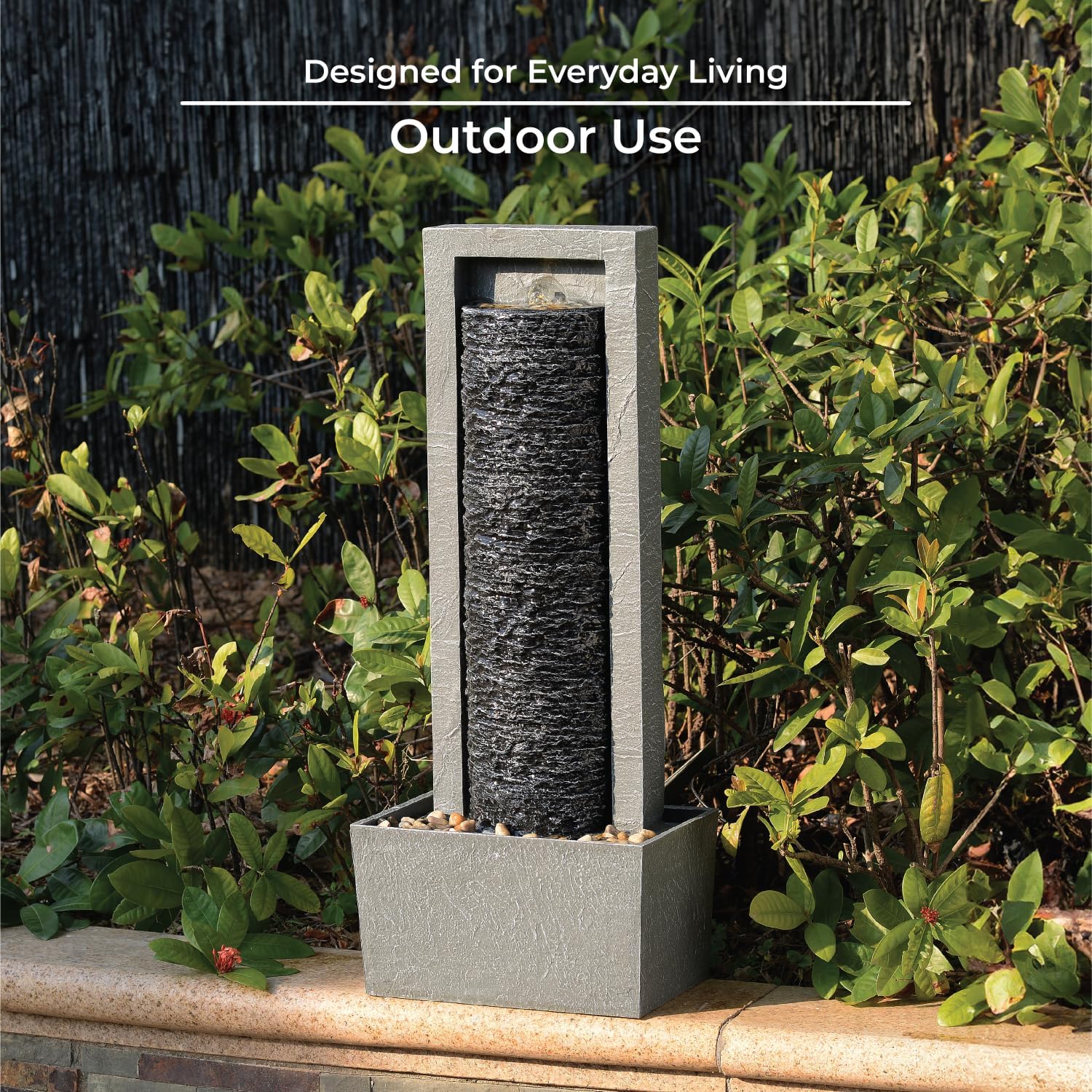 Teamson Home Framed Layered Rock Design Outdoor Water Fountain–Warm Glow Lighting with Steady Flow & Electric Pump, Dark Gray