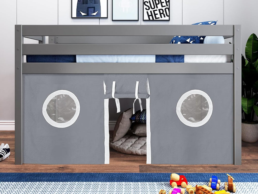 Jackpot! Contemporary Low Loft Twin Bed with End Ladder, Gray with Gray & White Tent