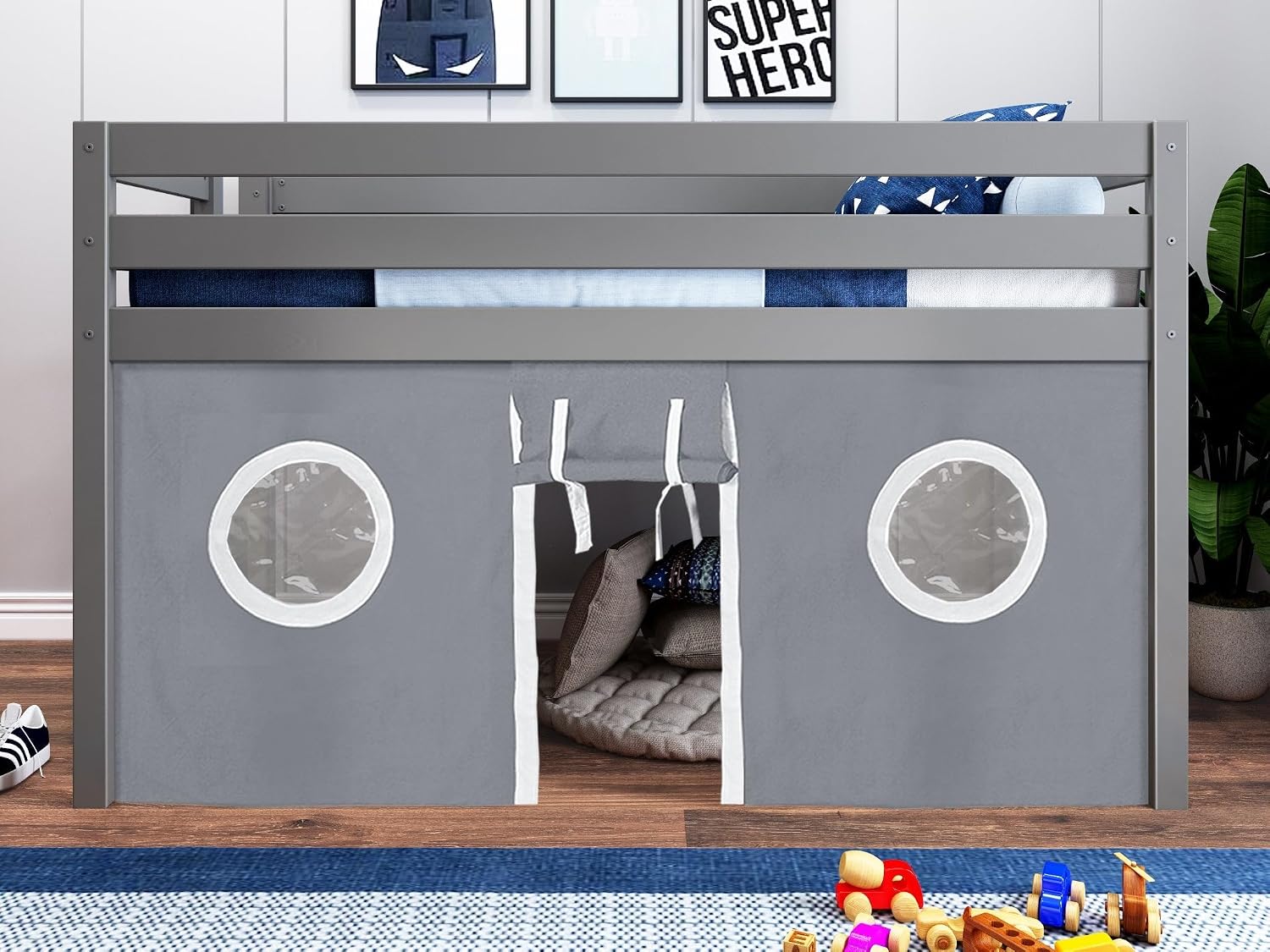 Jackpot! Contemporary Low Loft Twin Bed with End Ladder, Gray with Gray & White Tent