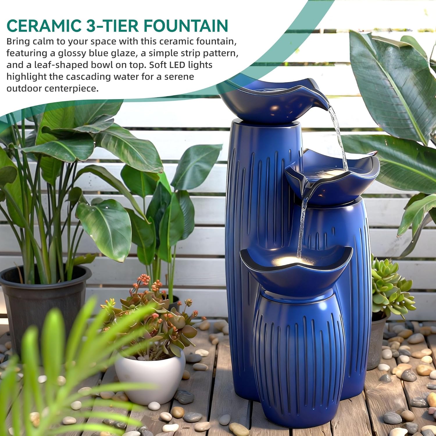 30' H Ceramic Outdoor Water Fountain with LED Lights, 3-Tier Cascading Lotus Bowls Water Feature, Tranquil Waterfall for Relaxing Garden, Patio, Yard, Cobalt Blue, Vertical Striped Texture