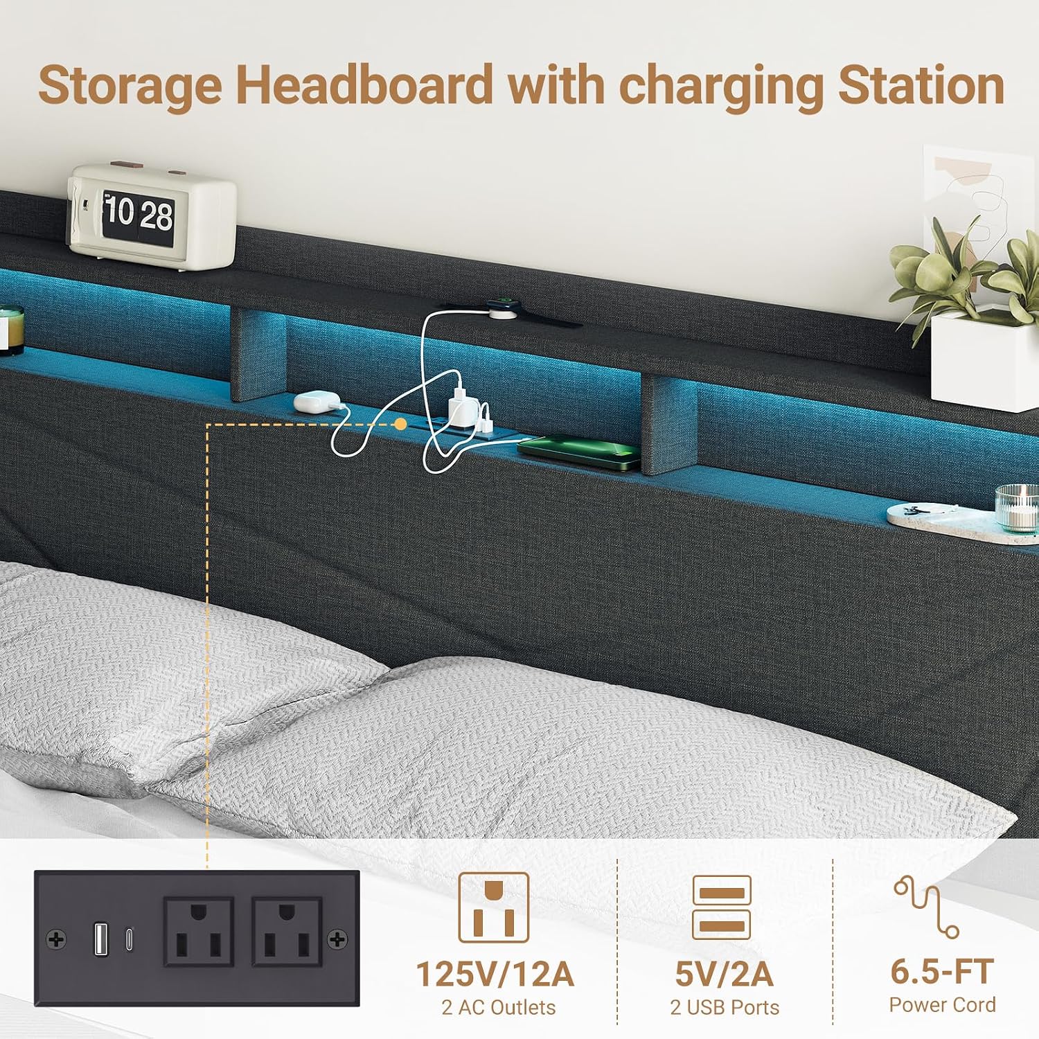 COLAMY Queen Bed Frame with Charging Station & LED Lights, Upholstered Headboard with 2-Tier Storage, Heavy Duty Metal Platform Bed with Wood Slats, No Box Spring, Noise-Free, Easy Assembly, Grey