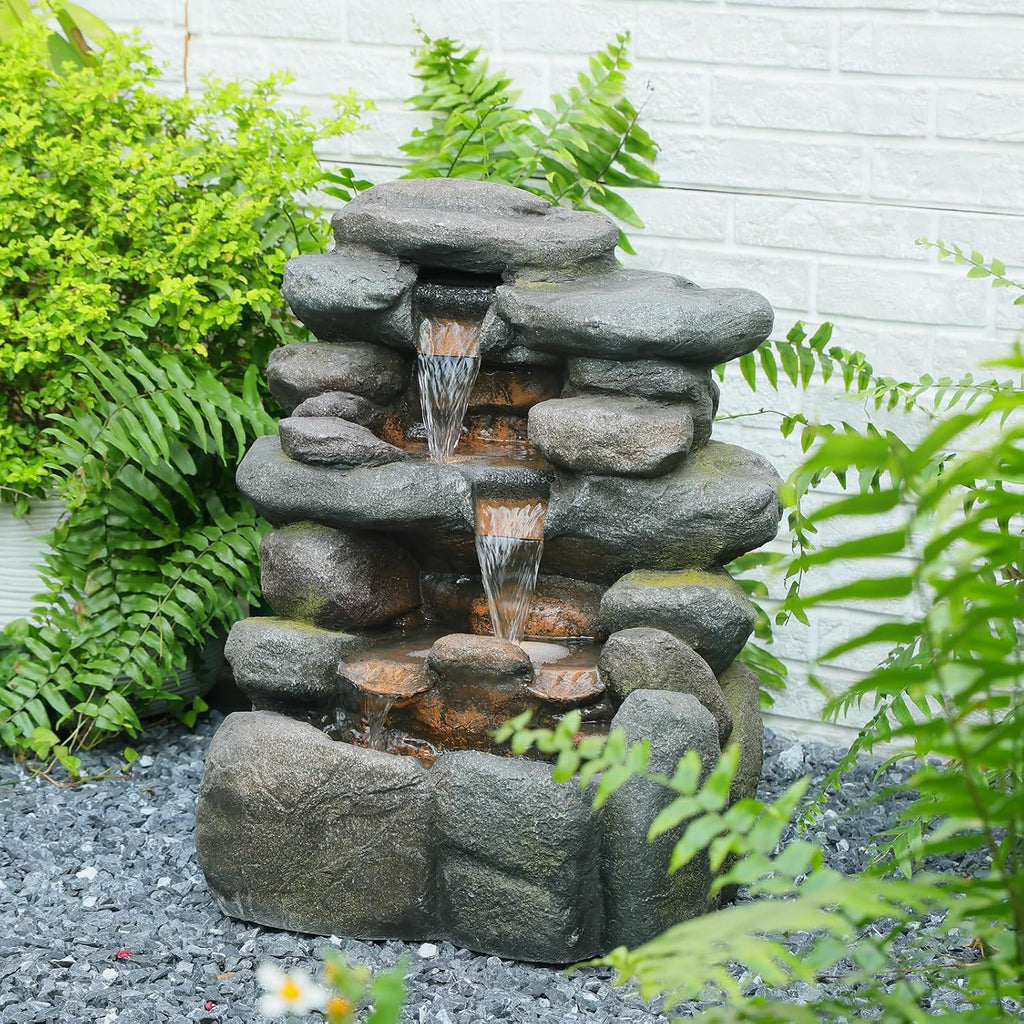 Bumilgar 23.4' H Garden Outdoor Rock Water Fountain with LED Lights, 4-Tier Cascading Waterfall Fountain, Faux Stone Resin Water Feature for Patio, Backyard & Home Decor