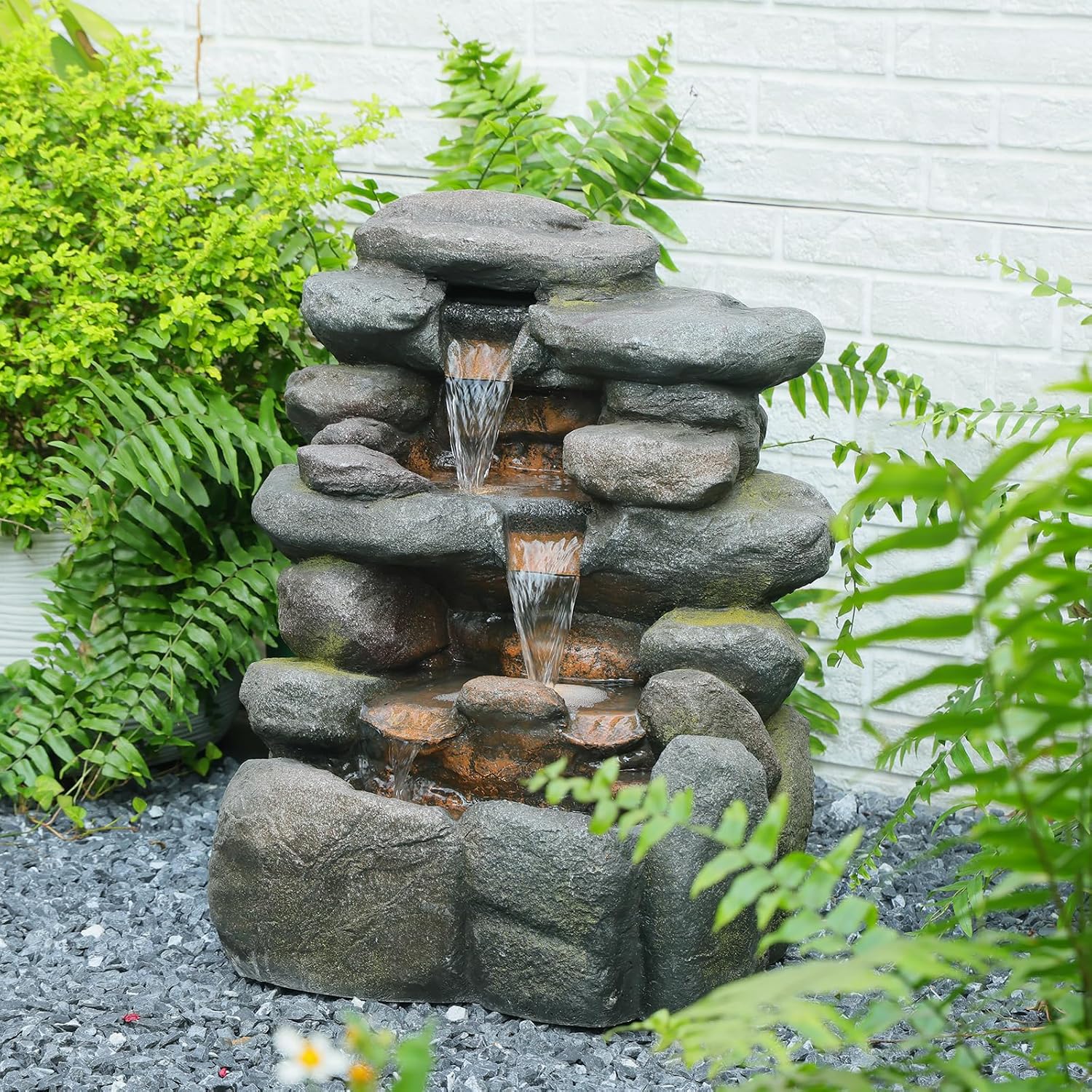 Bumilgar 23.4' H Garden Outdoor Rock Water Fountain with LED Lights, 4-Tier Cascading Waterfall Fountain, Faux Stone Resin Water Feature for Patio, Backyard & Home Decor