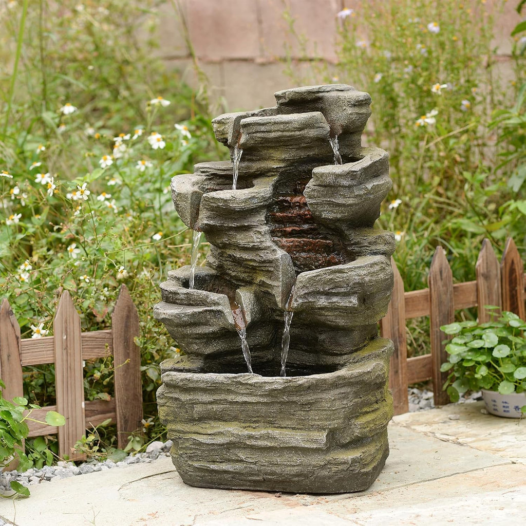 Bumilgar 6-Tier Cascading Rock Water Fountain Outdoor Garden Waterfall Decor for Garden, Patio, Backyard, Deck, Porch and Home Art Decor,24.4' H Outdoor Fountain with Lights