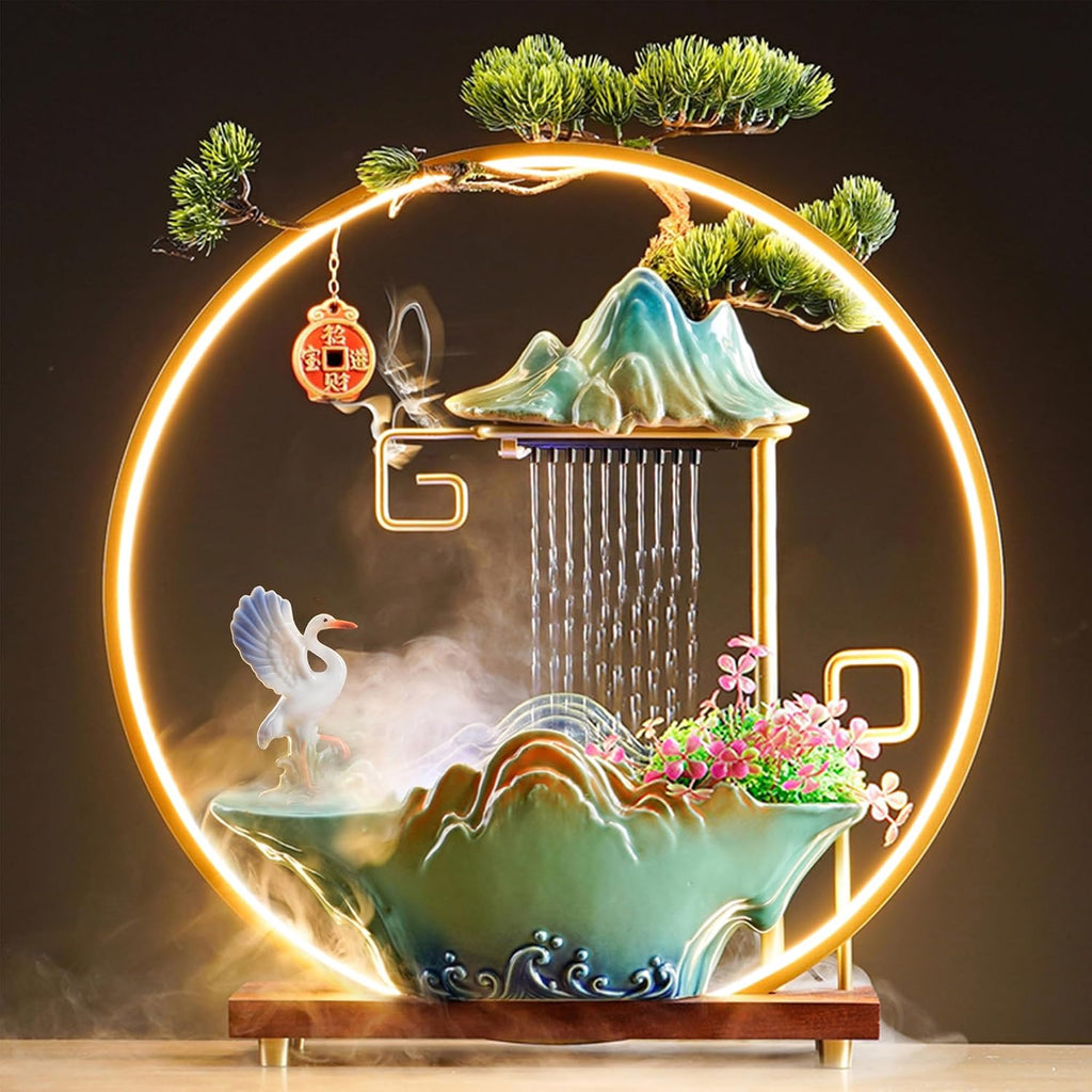 Crane Tabletop Indoor Fountain, Waterfall Fountain, Incense Burner, Feng Shui Decor for Good Luck Wealth, Ceramic Fountain with LED Light Zen Decor for Meditation Relaxation (Crane)