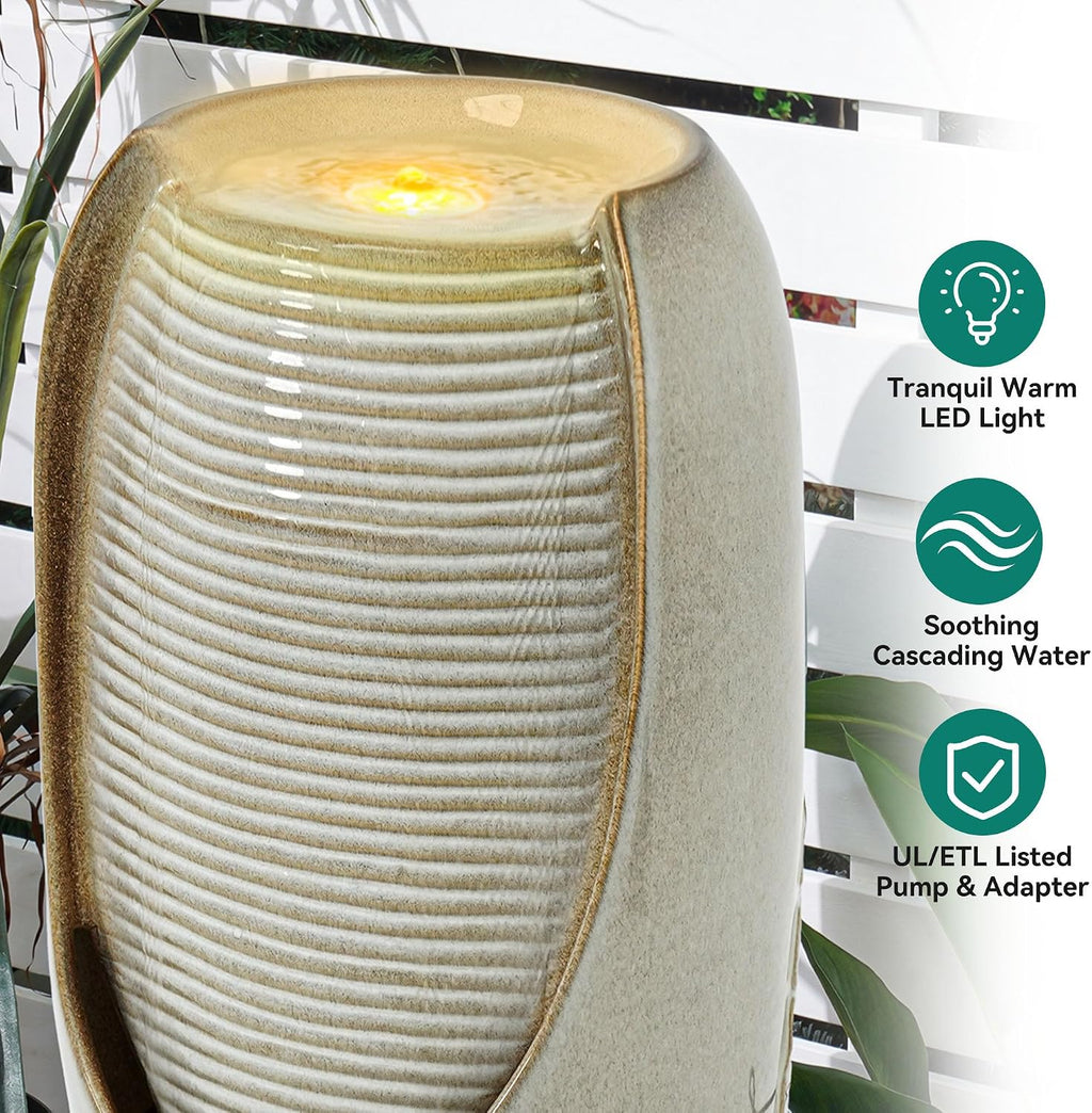 32' H Outdoor Garden Fountain with LED Lights, Modern Ceramic Jar Water Feature, Tropical Leaf Embossed Pattern, Beige Glaze, Soothing Cascading Waterfall for Patio, Yard, Porch