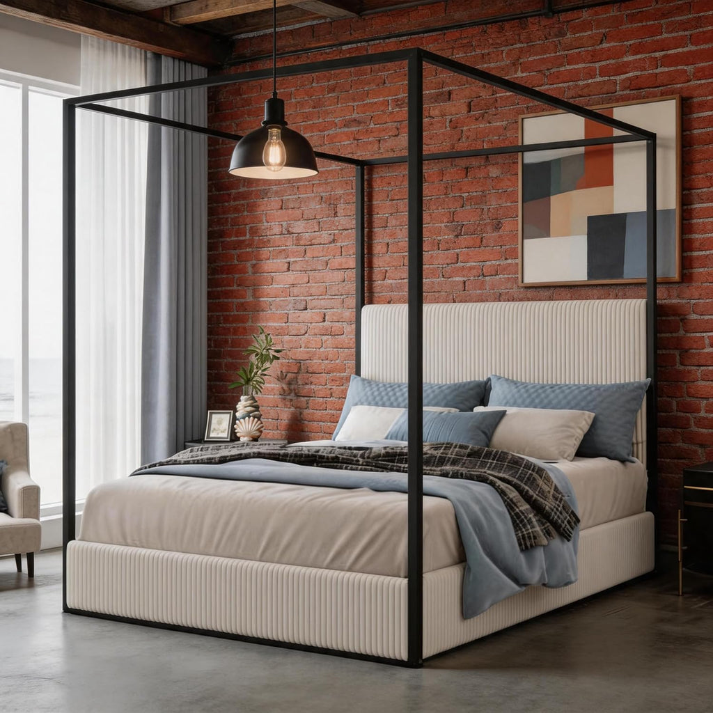 Queen Size Metal Canopy Bed with Tall Upholstered Channel Headboard and Gold 4 Poster, No Box Spring Needed (White+ Black, Queen)