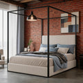 Queen Size Metal Canopy Bed with Tall Upholstered Channel Headboard and Gold 4 Poster, No Box Spring Needed (White+ Black, Queen)