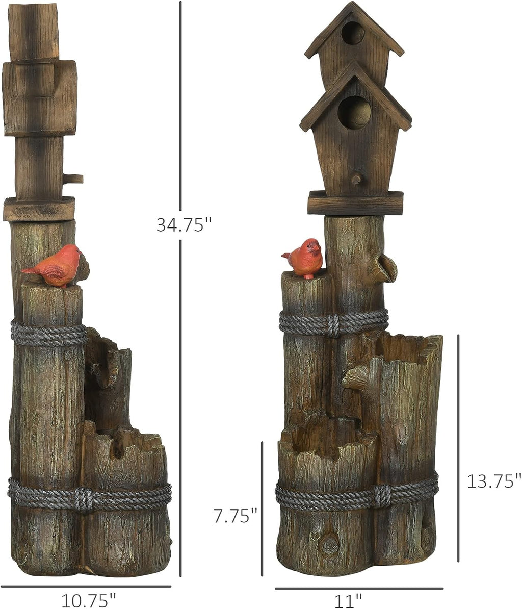 Outsunny Outdoor Fountain with Birdhouse, Cascading Garden Waterfall Bird Bath with 3-Tier Rustic Tree Trunk/Log Design, LED Lights for Porch, Deck, Yard Decor, Brown