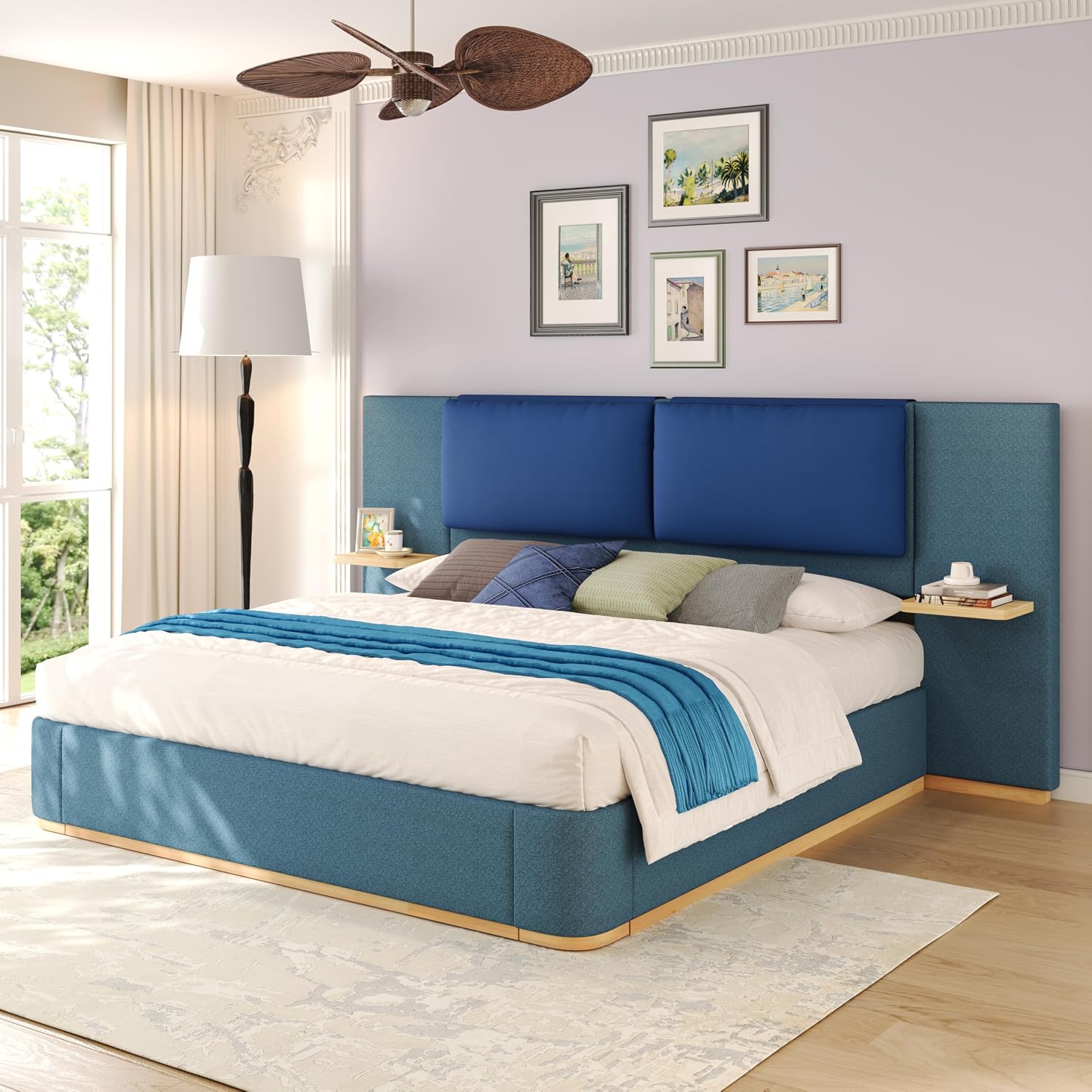 Merax Queen Size Bed Frame, Linen Upholstered Platform Bed with Large PU Leather Headboard and Shelf, Modern Bedroom Furniture & Solid Wood Slats Support, No Box Spring Needed, Easy Assembly, Blue