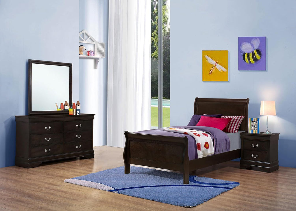 Coaster Home Furnishings Louis Philippe 4-piece Bedroom Set Twin Size Traditional Wooden Sleigh Bed Frame 47-Inch Panel Headboard Nightstand Dresser and Mirror Cappuccino Brown 202411T-S4