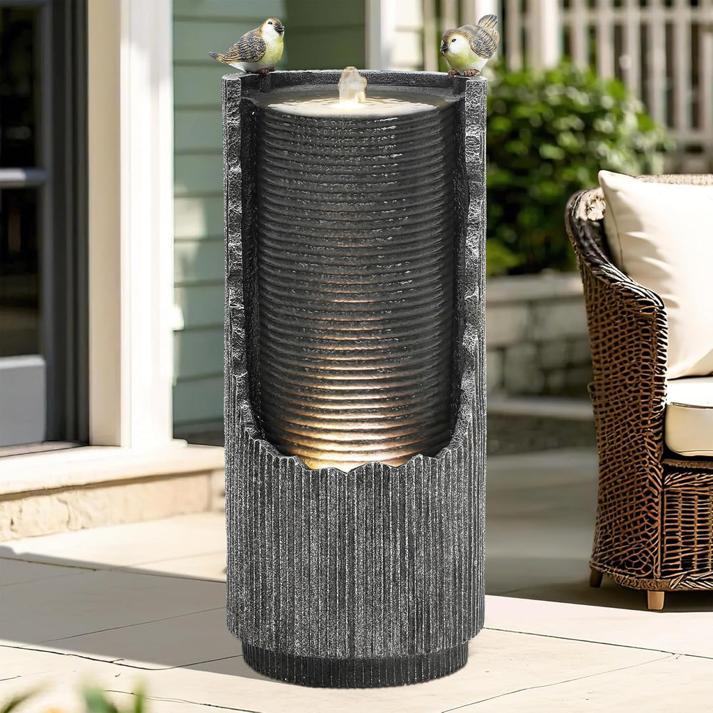 32' Rustic Cracked Jar Water Fountain Outdoor with LED Lights, Polyresin Freestanding Waterfall Feature, Tranquil Oasis for Garden, Patio, Yard, or Porch
