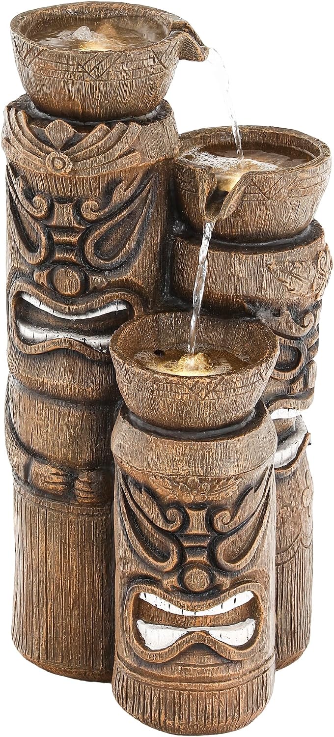 31' Outdoor Fountain, 3-Tier Tiki Head Bowl Water Feature with LED Lights, Tropical Resin Soothing Cascading Waterfall for Patio, Backyard, Garden or Porch