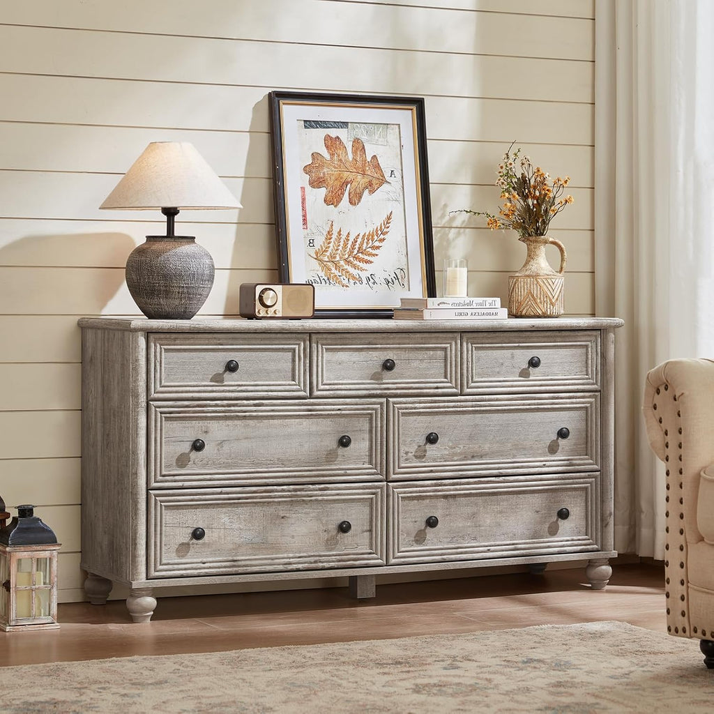 Farmhouse Dressers & Night Stand Set of 3, Wood 54' Wide Dresser & 35.5'Tall Chest of Drawers, 18' Roman Column Nightstand, Bedroom Furniture 7 Drawer Dresser Set for Bedroom Home Living Room Hallway