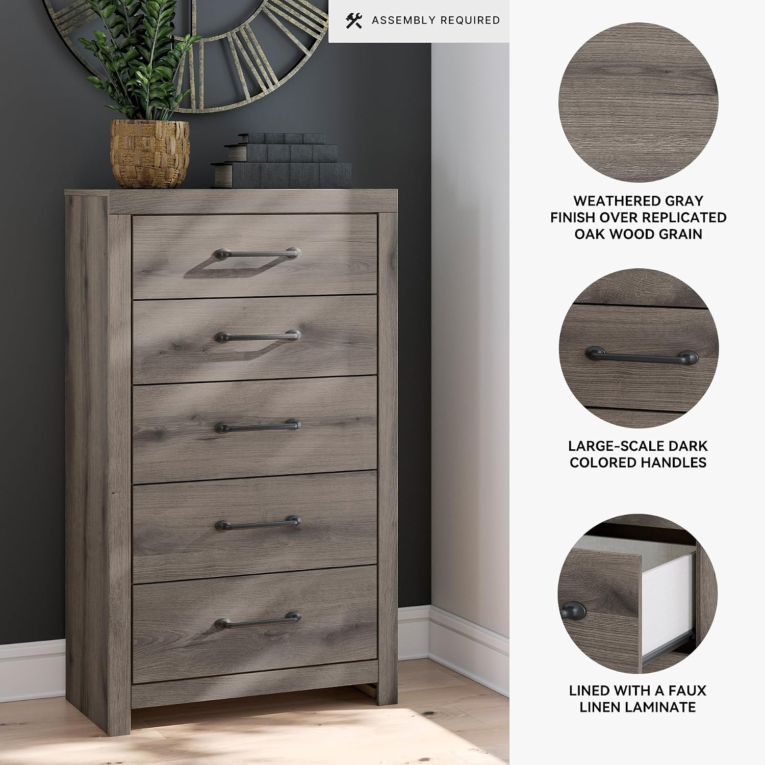 Signature Design by Ashley Urbanoore Rustic 5-Drawer Chest of Drawers with Safety Stop, Gray