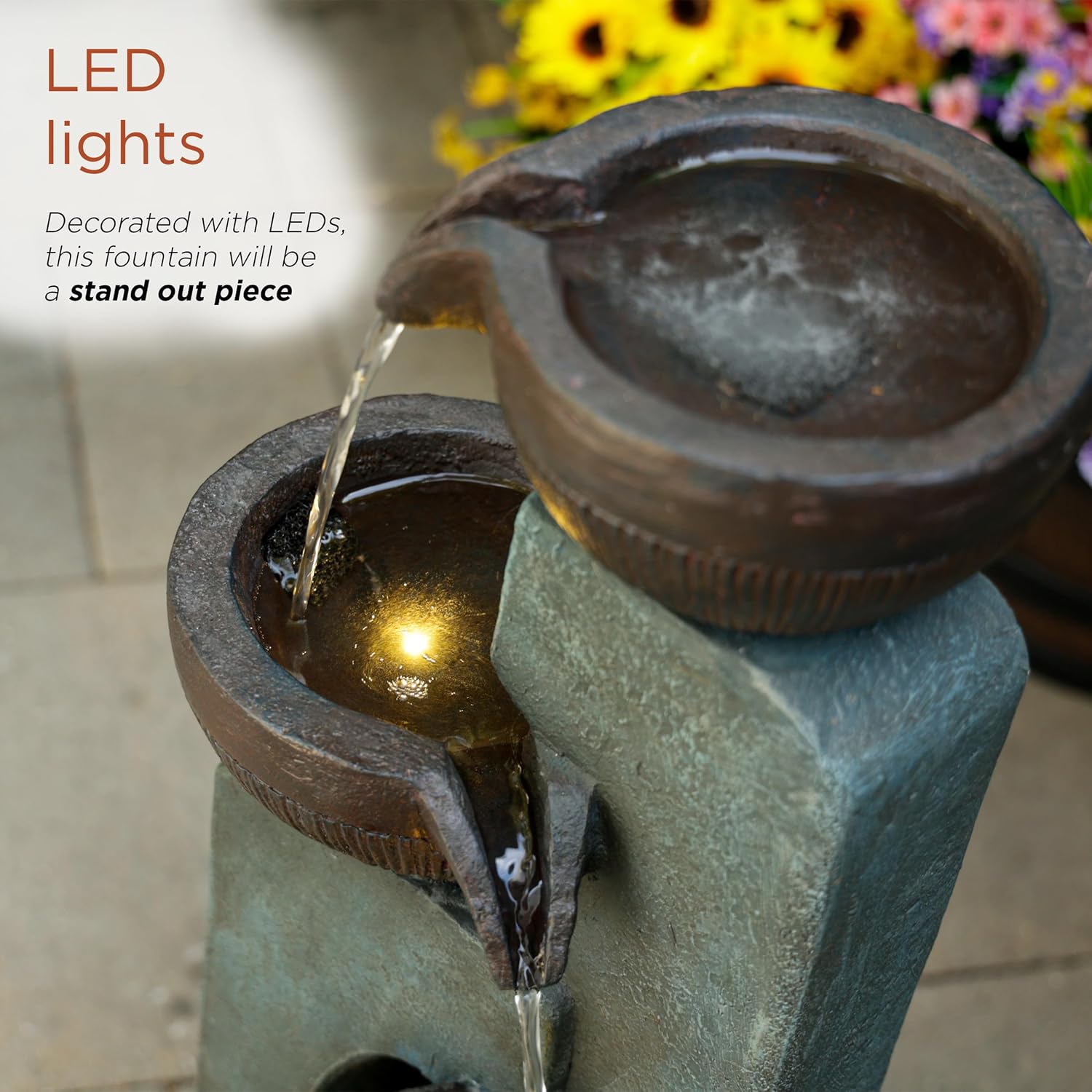 Alpine Corporation TZL396 31' 4 Tier Bowls Cascading Fountain with LED Lights, Elegant Outdoor Water Feature for Garden, Patio, Yard & Outdoor Spaces, Relaxing Waterfall Fountain, Gray