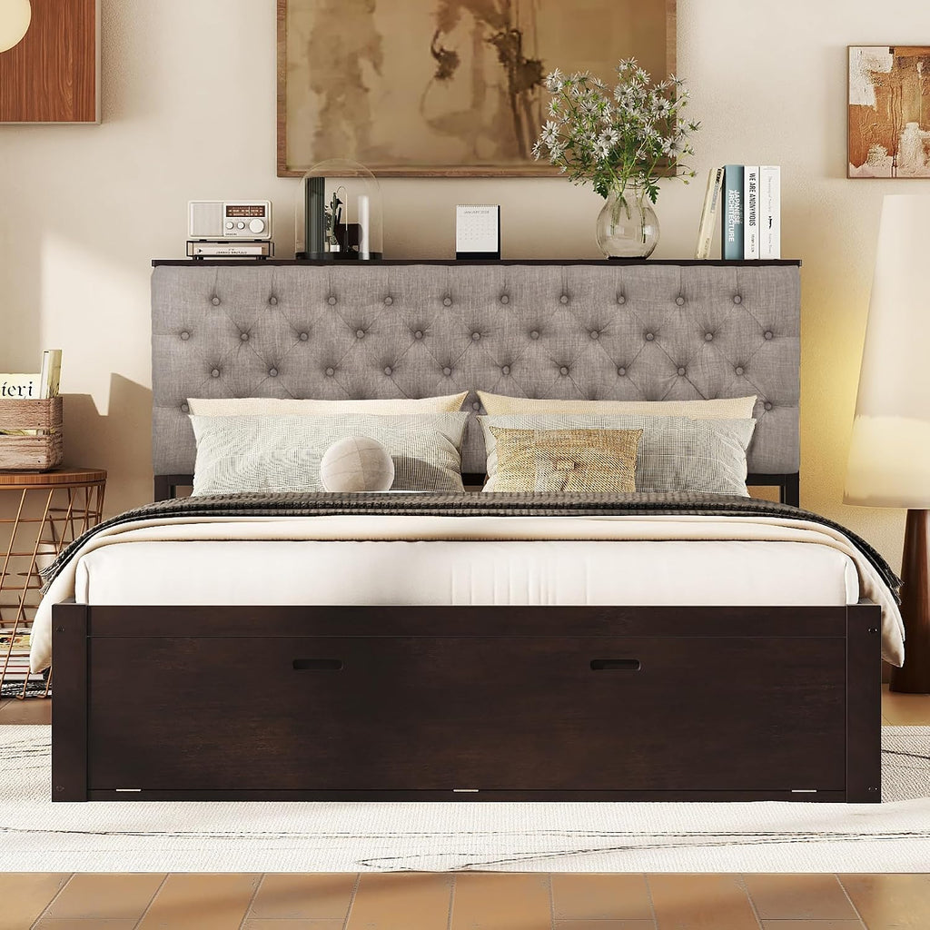 YOPTO Queen Size Upholstered Platform Bed with Hydraulic Storage System and LED Light,Bedroom Wooden Bed Frame w/A Set of USB Ports & Sockets,for Teens Girls Boys,Gray