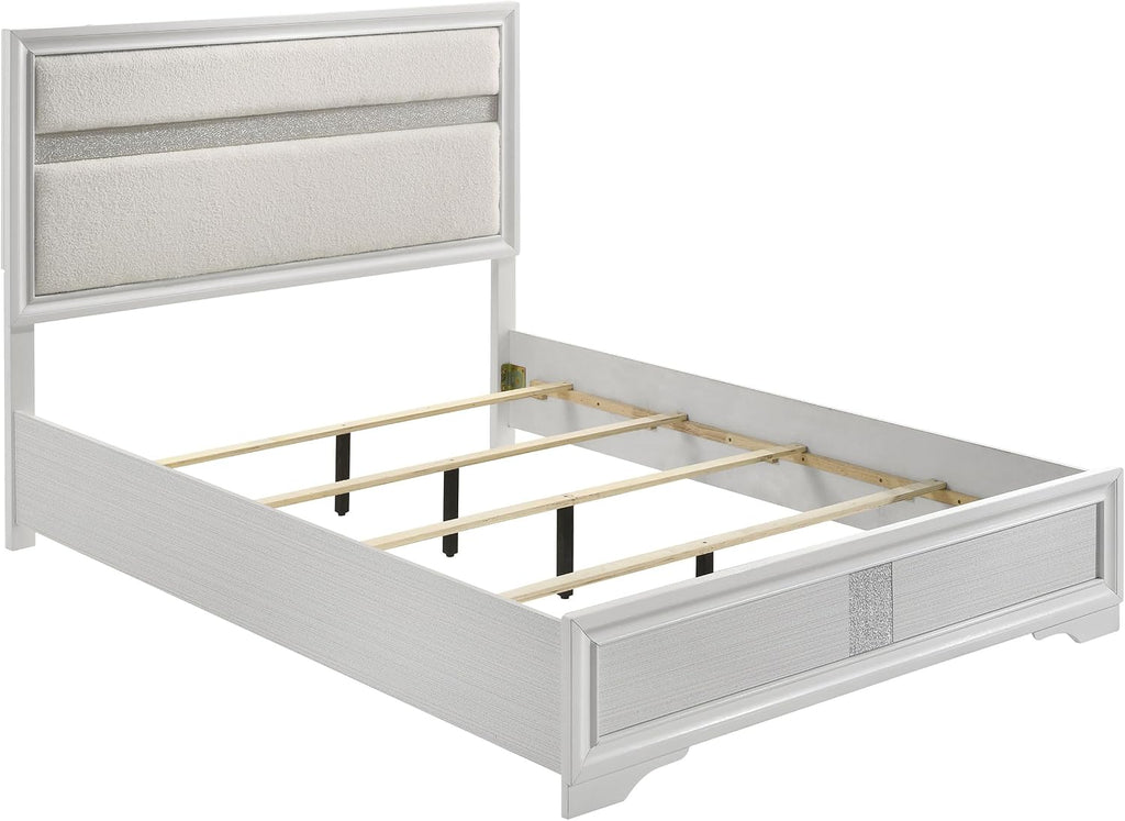 Coaster Home Furnishings Miranda Contemporary 4-Piece Bedroom Set Fabric Upholstered Queen Size Panel Bed Frame 54-inch Headboard White 205110Q-S4