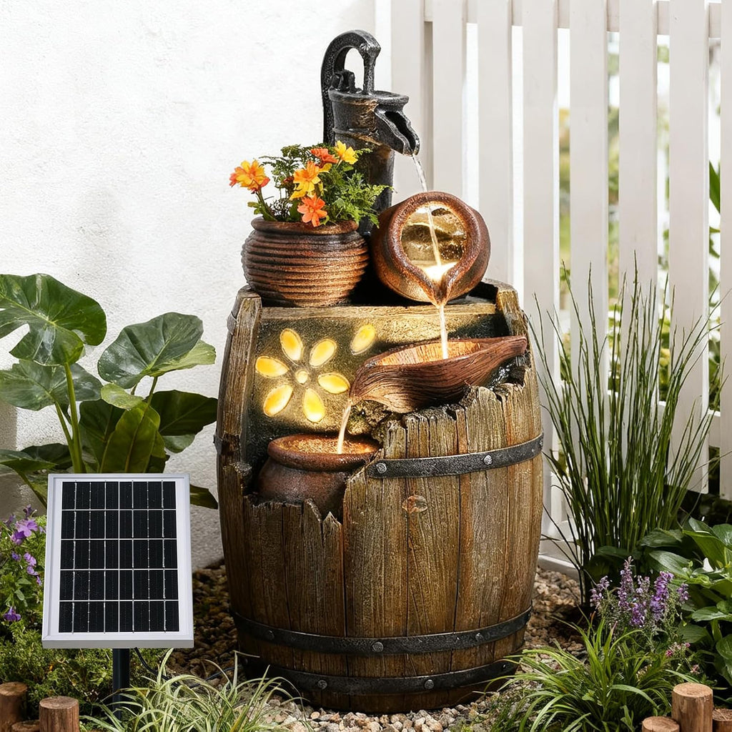 Solar Water Fountain Outdoor Rustic Pump and Barrel, 29' H Cascading Solar Powered Waterfall Fountains Outside Feature with LED Lights for Garden, Patio, Porch, Backyard Decor