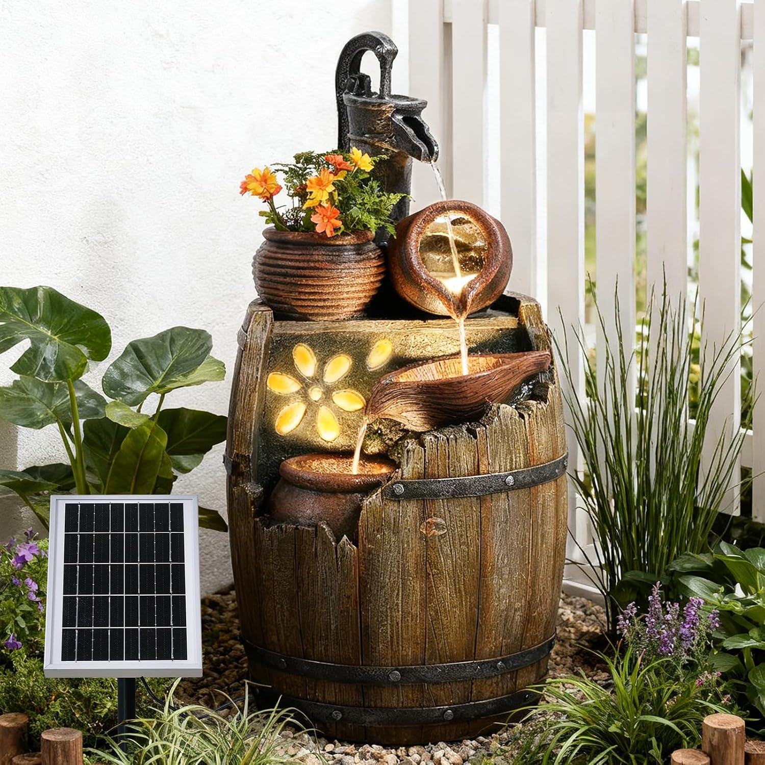 Solar Water Fountain Outdoor Rustic Pump and Barrel, 29' H Cascading Solar Powered Waterfall Fountains Outside Feature with LED Lights for Garden, Patio, Porch, Backyard Decor