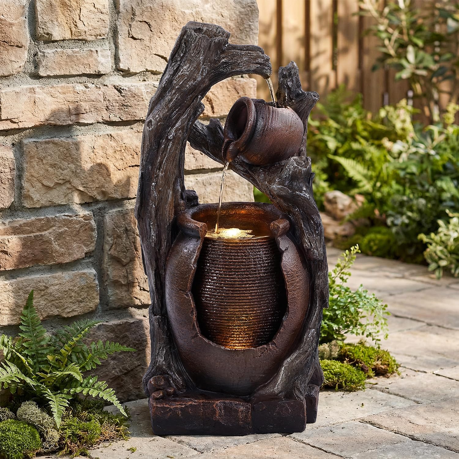 32' H Outdoor Water Fountain, Rustic 2-Tier Clay Pot Water Fountain and Waterfalls with 2 Warm LED Lights, Natural Feature Garden Fountains for Patio, Backyard, Deck, Porch, Home Decor