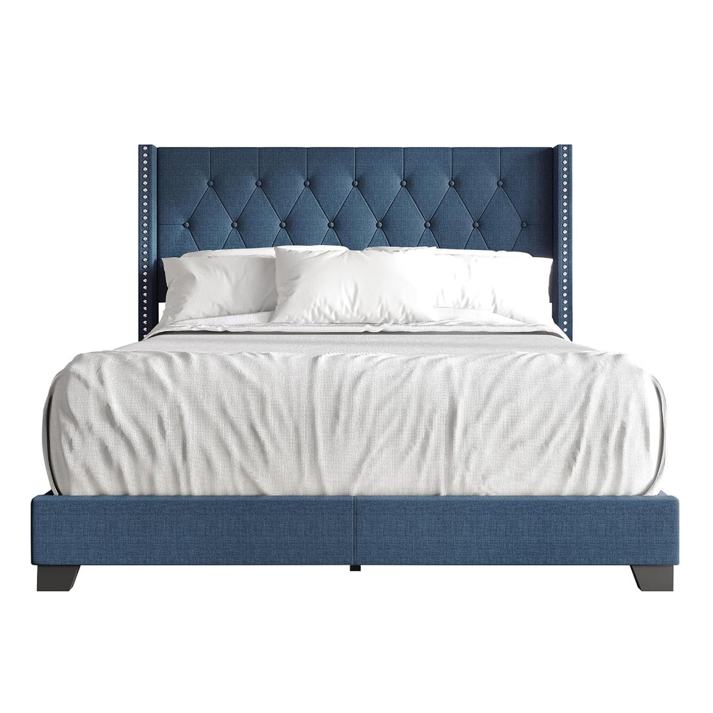 Queen Button Tufted Wingback Linen Upholstered Bed, Blue