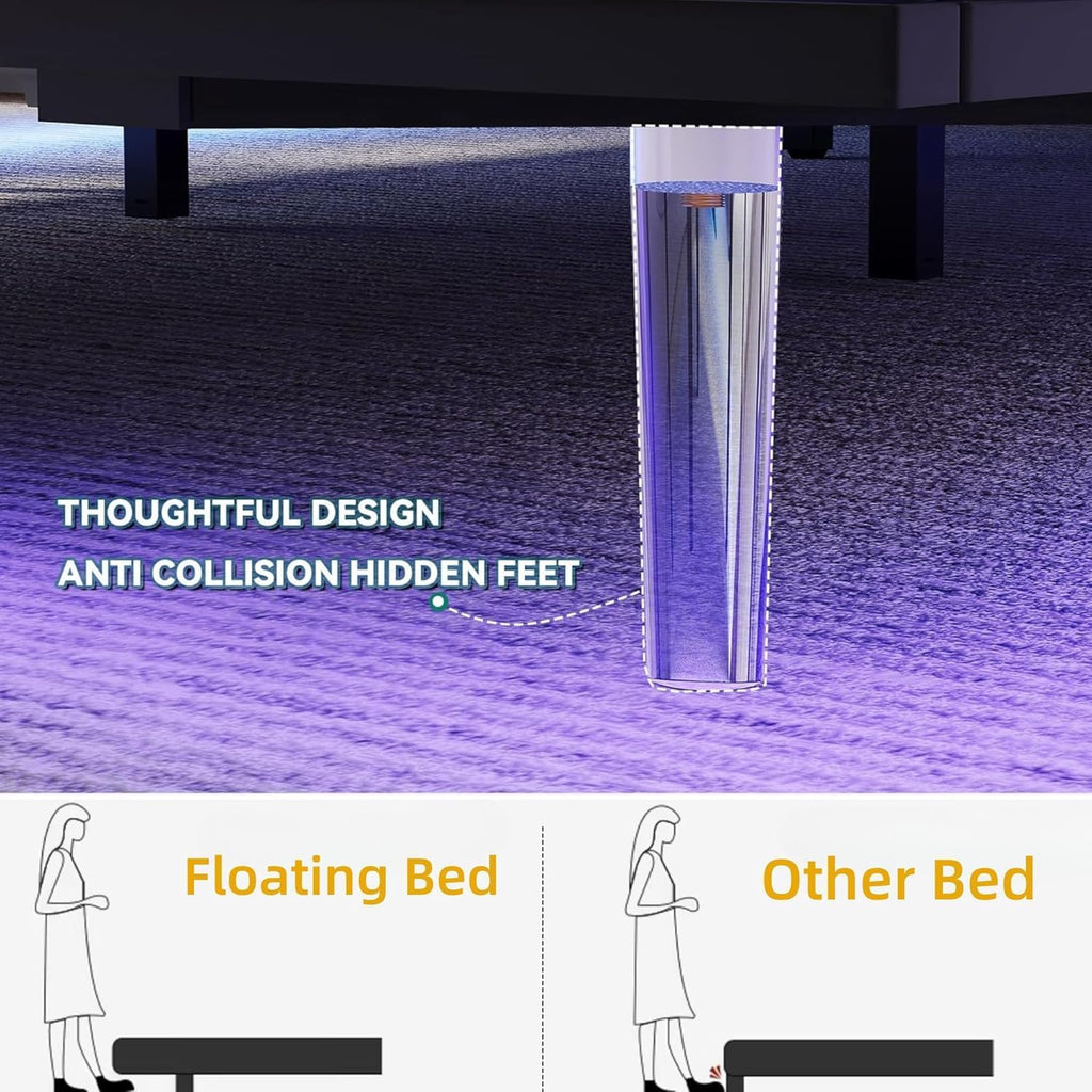 YITAHOME Floating Bed Frame King with USB-C/A Charging Station & Led Light, PU Upholstered Platform Bed with Hidden Storage Headboard, Heavy Duty Metal Slats, No Box Spring Needed, Beige