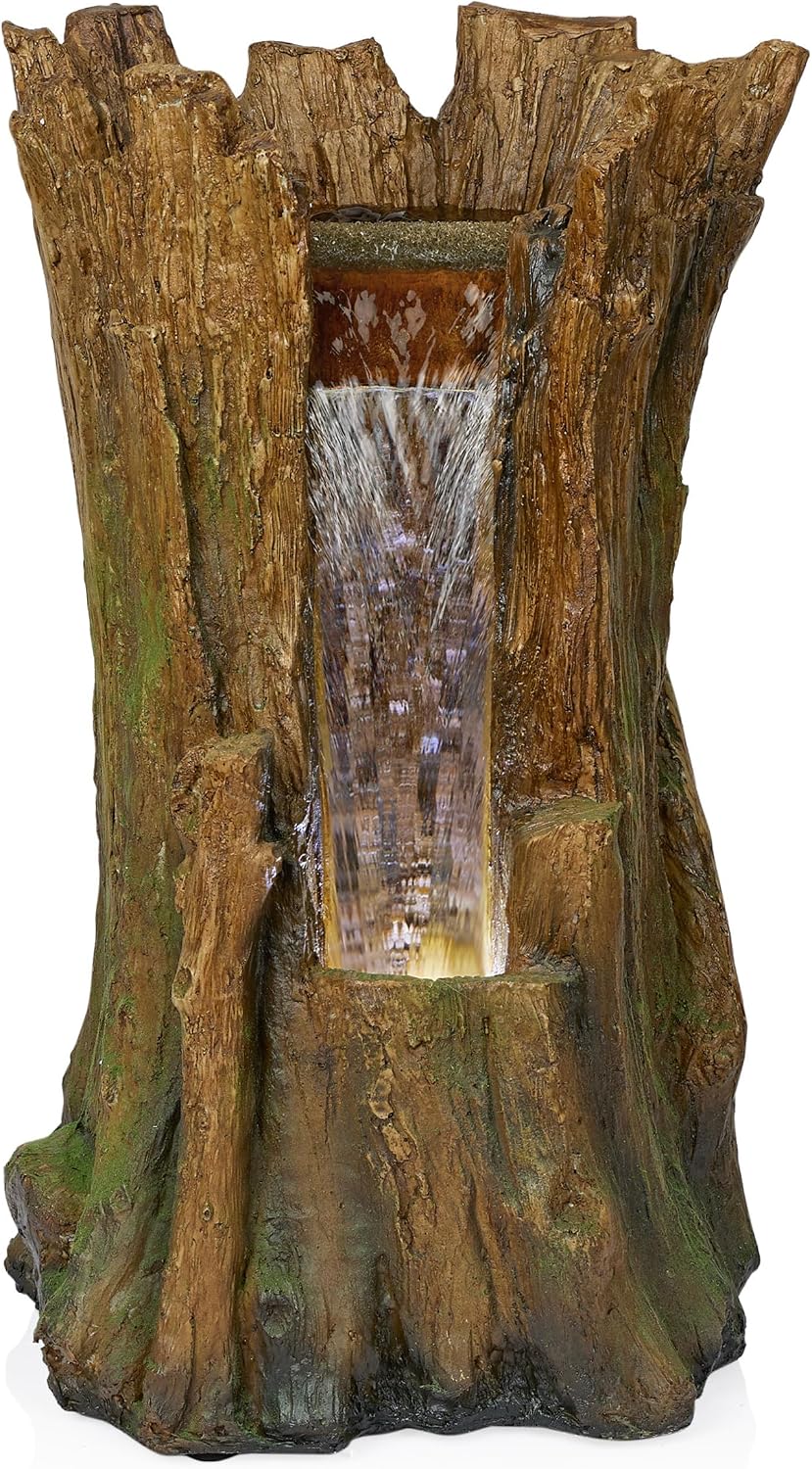 Alpine Corporation TZL294 Outdoor Tree Trunk Floor Fountain with Cool White LED Lights, Tiered Garden Decor, 22' H, Brown