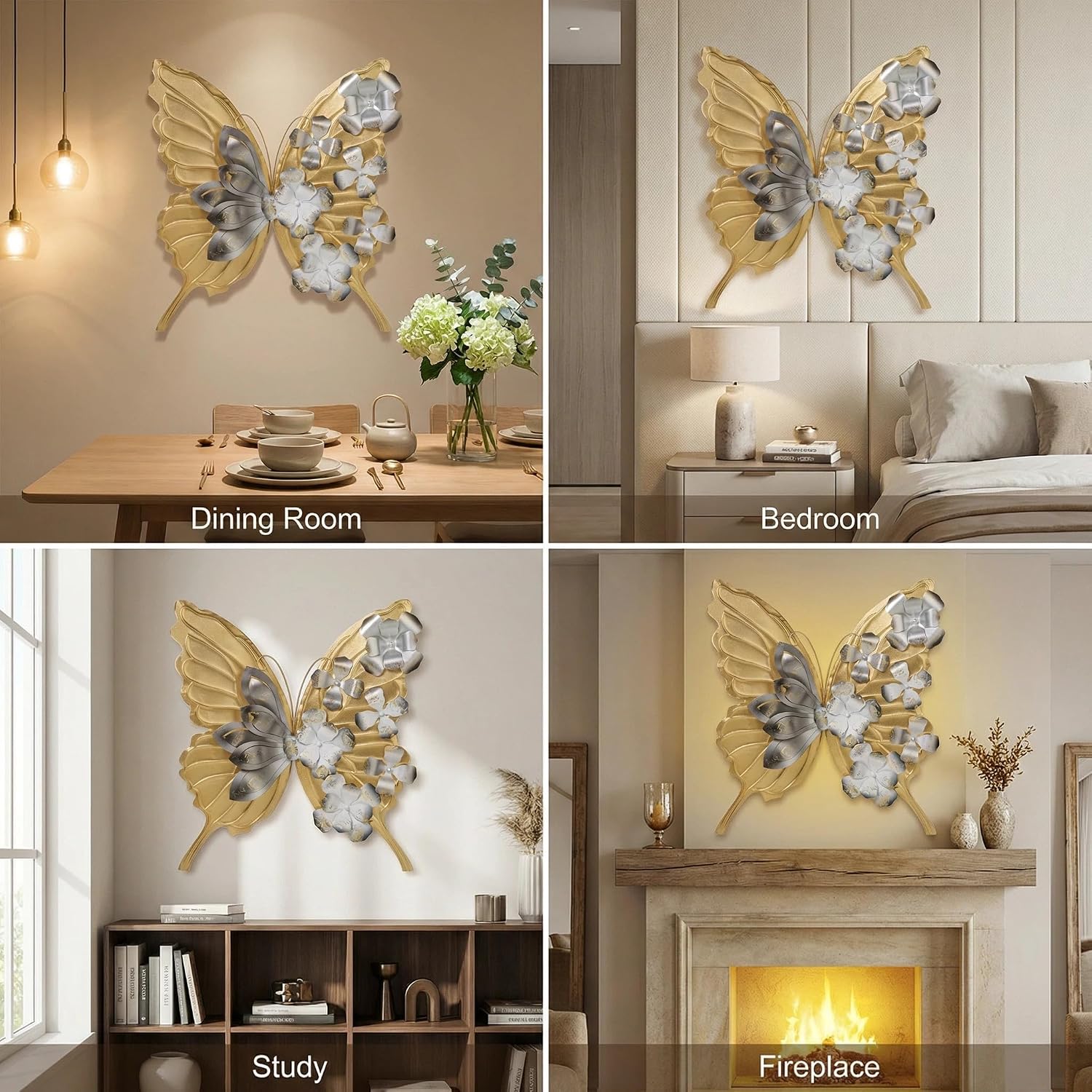 XWYLFDC Large Sized 3D Metal Wall Art Featuring Golden Butterfly With Black And White Gradient Flowers Exudes Luxury And Is Suitable Wall Decor For Living rooms Bedrooms Kitchens And Offices