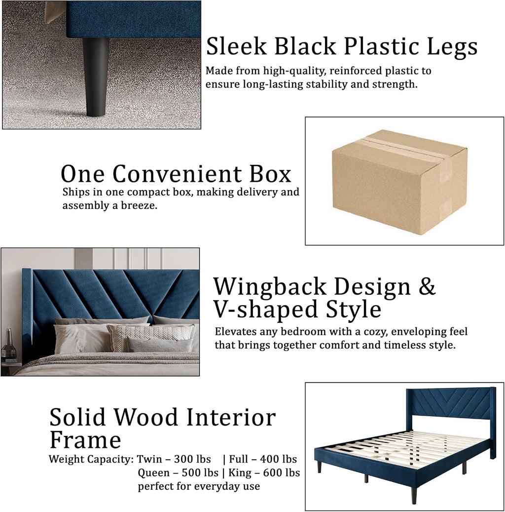 King Platform Bed Frame with Chevron-Stitched Wingback Headboard, Velvet Upholstery, No Box Spring Needed, Easy Assembly, Brown