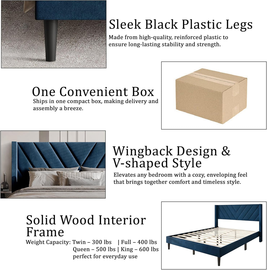 Queen Platform Bed Frame with Chevron-Stitched Wingback Headboard, Velvet Upholstery, No Box Spring Needed, Easy Assembly, Light Blue