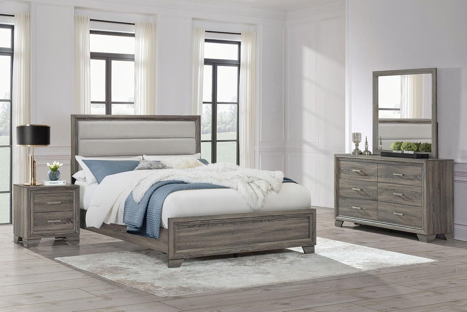 Coaster Home Furnishings Wright Transitional 4-Piece Bedroom Set Fabric Upholstered Queen Size Panel Bed Frame 52-inch Headboard Brown Oak 223341Q-S4