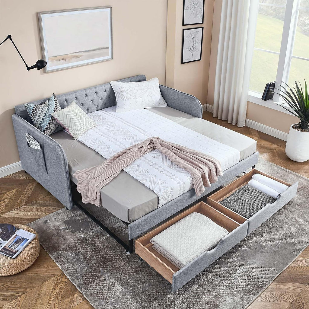 Antetek 80.5' Daybed with Drawer, Modern Button Tufted Linen Day Bed with Trundle Bed Twin to King, Upholstered Daybed Frame w/Storage Pocket for Bedroom, Living Room, No Box Spring Needed, Grey
