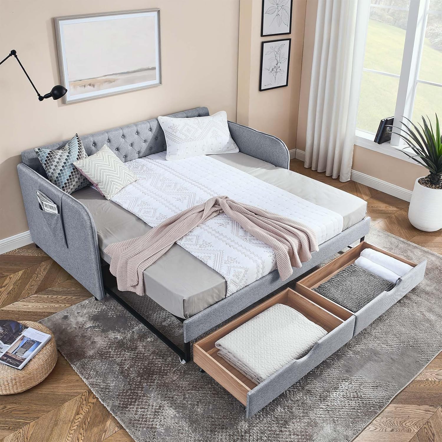 Antetek 80.5' Daybed with Drawer, Modern Button Tufted Linen Day Bed with Trundle Bed Twin to King, Upholstered Daybed Frame w/Storage Pocket for Bedroom, Living Room, No Box Spring Needed, Grey