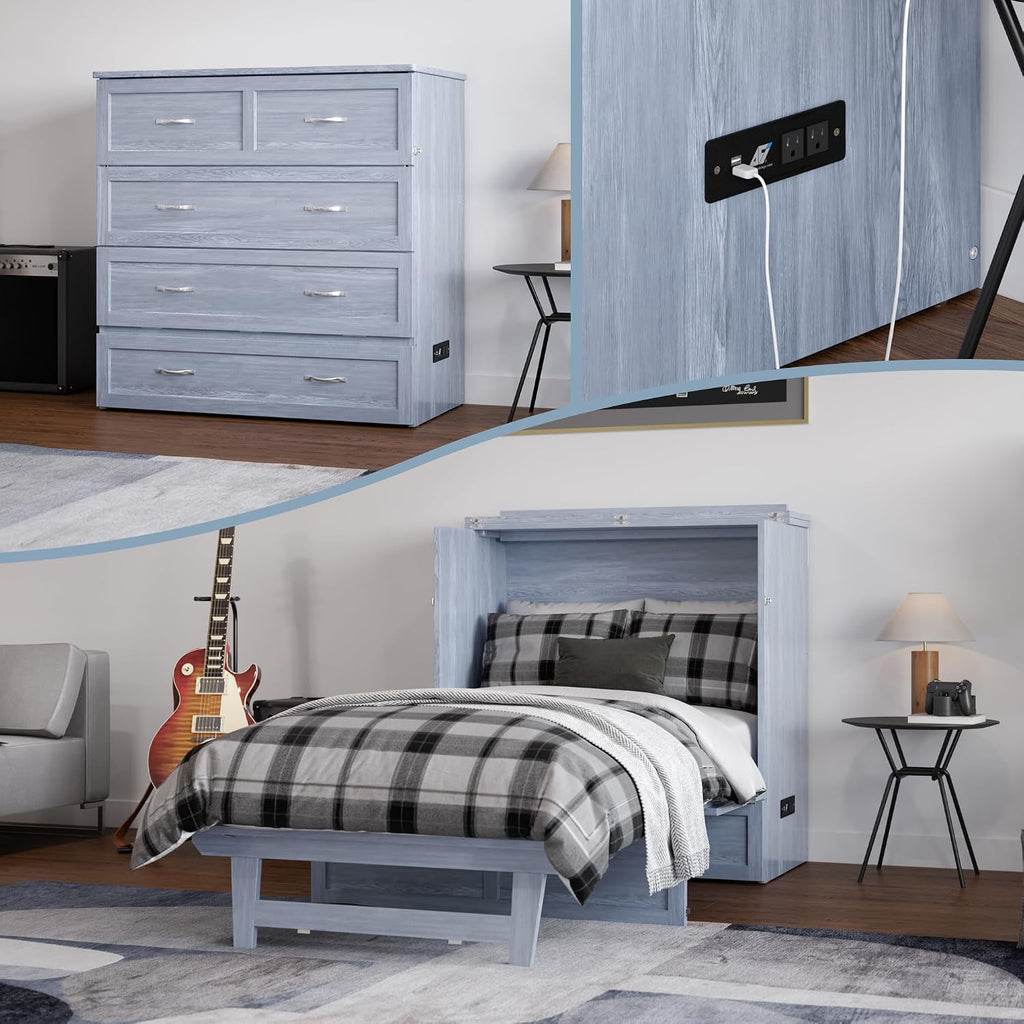 AFI, Northfield Murphy Bed Chest Twin XL with 6' Mattress, Storage Drawer & Built-in USB Charger, Driftwood