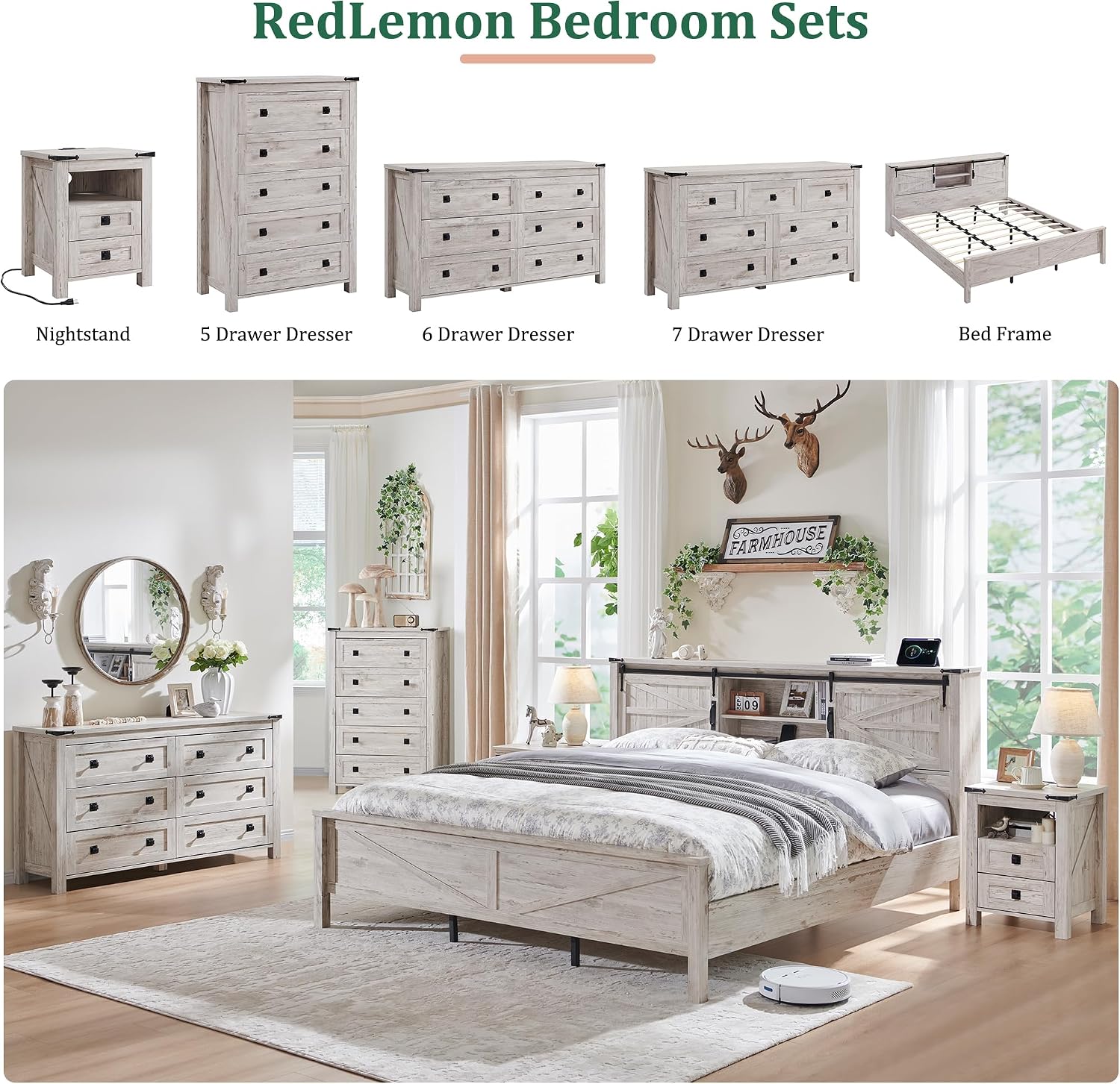 RedLemon Farmhouse 5 Drawer Dresser, 48' Tall Rustic Chest of Drawers, Wood Dresser for Bedroom, Living Room, Hallway, Antique Brush White