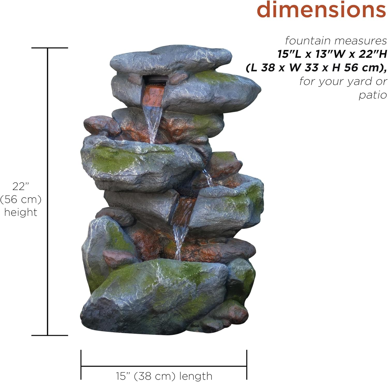 Alpine Corporation 22' Tall 3-Tier Outdoor Rock Waterfall Fountain with LED Lights, Natural Stone Look for Garden, Patio, Yard & Porch Decor, Gray