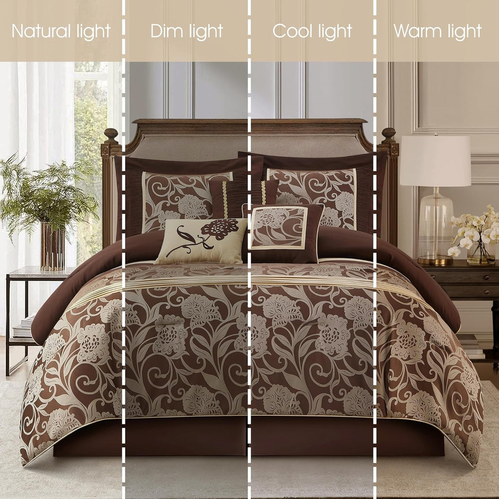 Stratford Park 7 Piece Brown Gold Comforter Set, King Size Jacquard Floral Bedding Set, All Season, Ultra-Soft, Matching Pillows & Shams, Bed Skirt