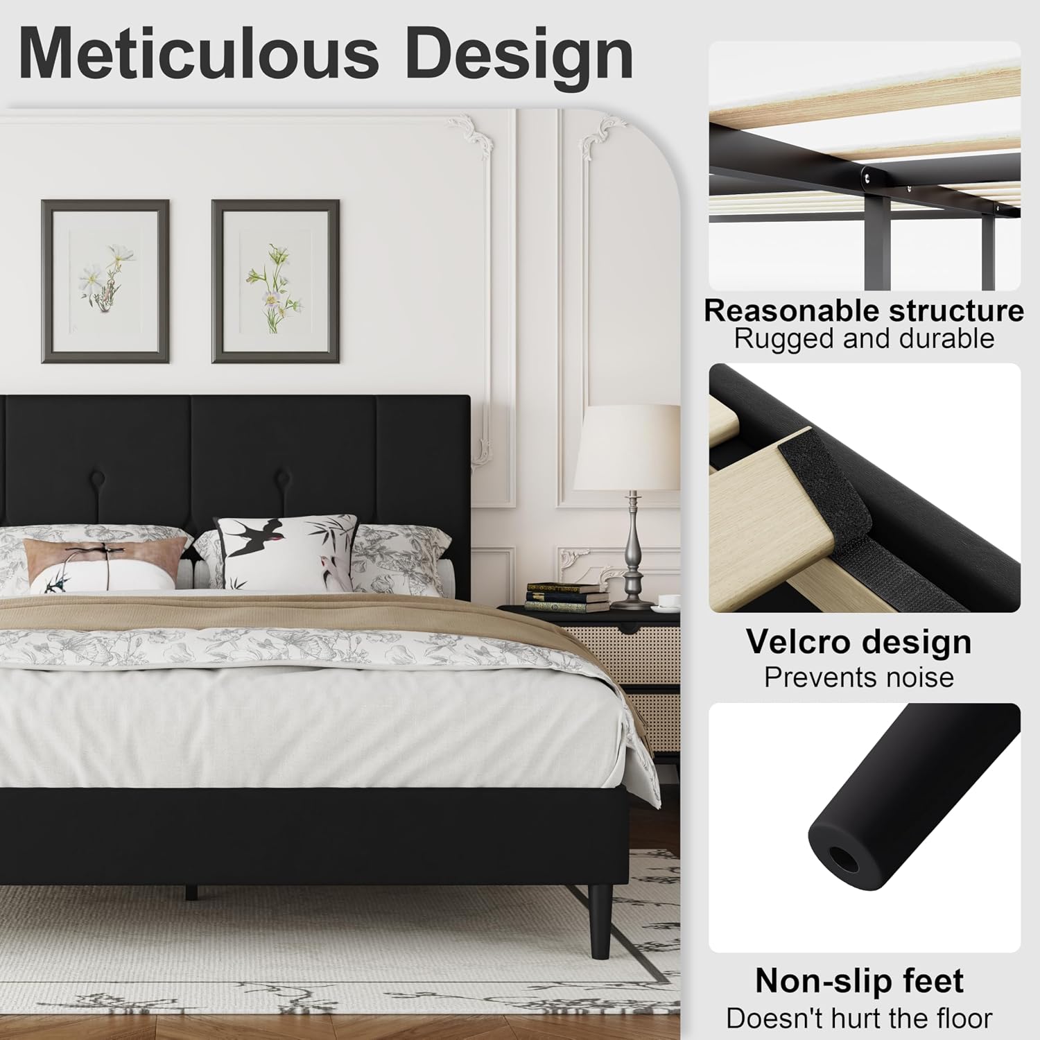 IOILORI Queen Size Bed Frame Platform with Velvet Upholstered Headboard, Sturdy Wooden Slats, No Spring Box, No Noise, Easy to Assemble, Light Grey Bedframe with Strong Wooden Slats, Black