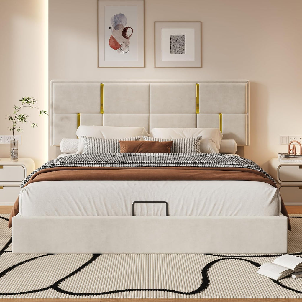 JIVOIT Upholstered Platform Bed with Hydraulic Storage System, Queen Size Storage Bed with Headboard and Wood Slats Support, Space Saving Wood Platform Bed Frame for Bedroom (Beige,Bed,5)