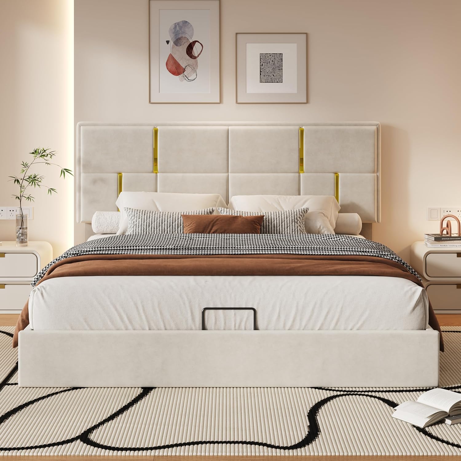 JIVOIT Upholstered Platform Bed with Hydraulic Storage System, Queen Size Storage Bed with Headboard and Wood Slats Support, Space Saving Wood Platform Bed Frame for Bedroom (Beige,Bed,5)