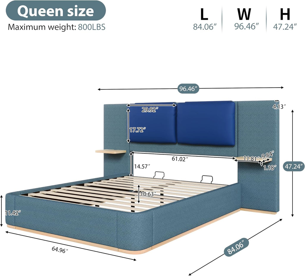 Merax Queen Size Bed Frame, Linen Upholstered Platform Bed with Large PU Leather Headboard and Shelf, Modern Bedroom Furniture & Solid Wood Slats Support, No Box Spring Needed, Easy Assembly, Blue
