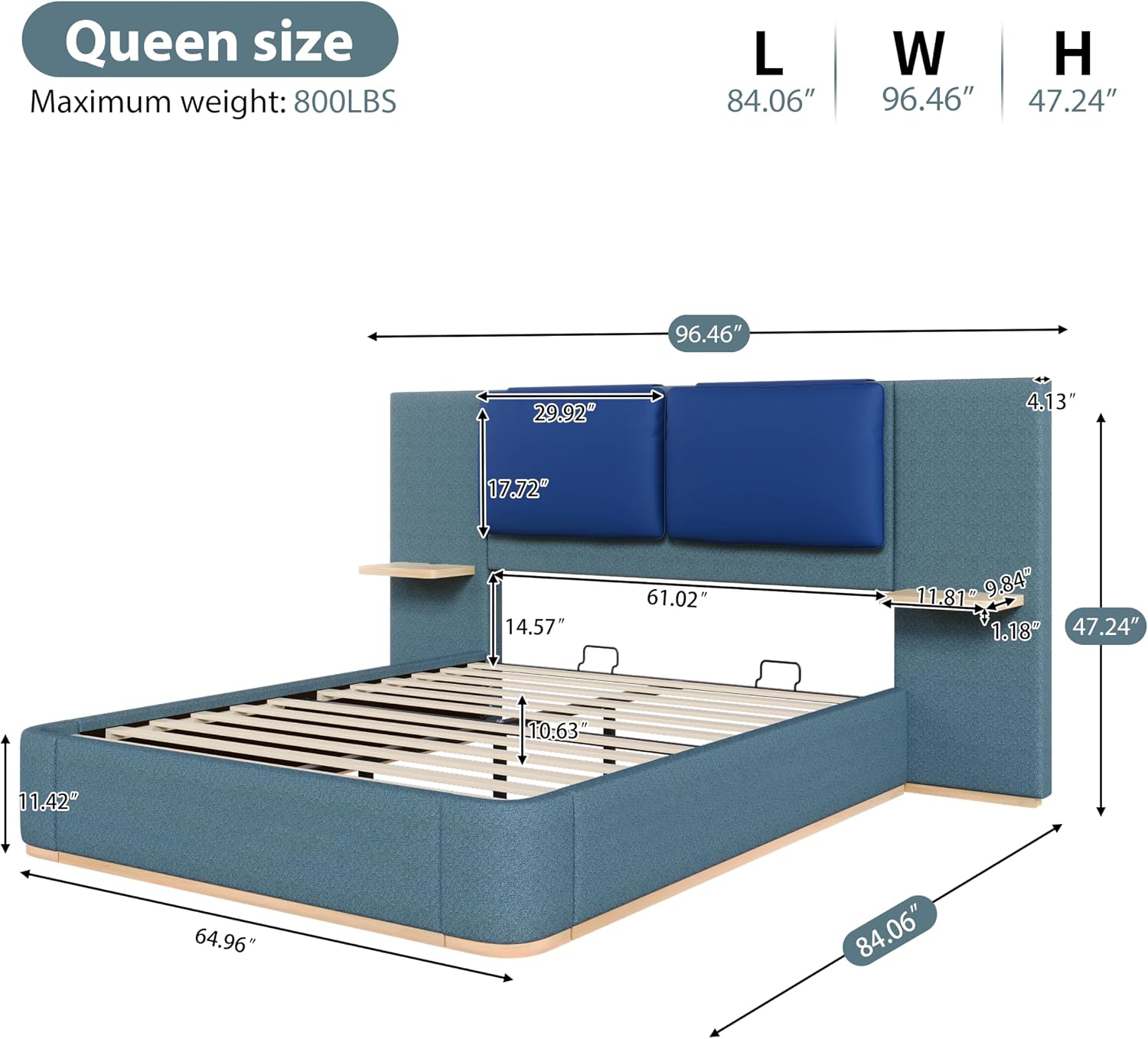 Merax Queen Size Bed Frame, Linen Upholstered Platform Bed with Large PU Leather Headboard and Shelf, Modern Bedroom Furniture & Solid Wood Slats Support, No Box Spring Needed, Easy Assembly, Blue