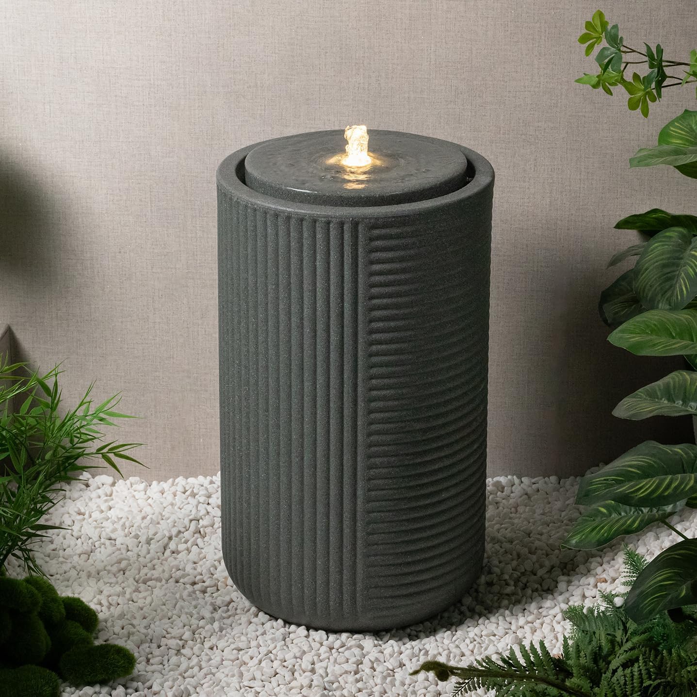 23.22' H Outdoor Water Fountain Made with Eco-Friendly Recyclable Materials, Polyethylene Round Bubbler Water Fountain Outdoor, Garden Decor with LED Light for Patio, Porch, Backyard