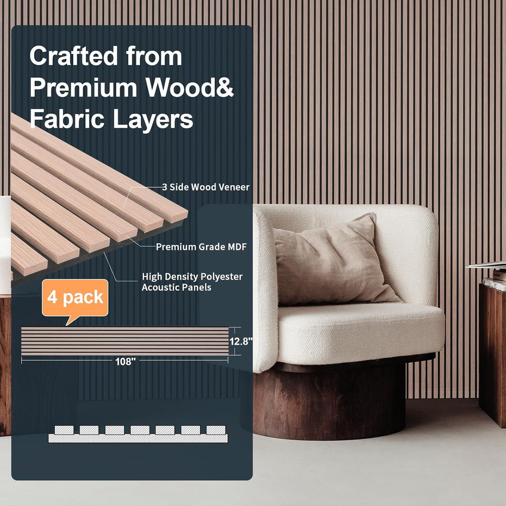 NeatiEase Wood Panels for Wall, 4-Piece 108' x 12.6' Soundproof Wood Slat Wall Panel for Interior Wall Decor Noise Cancelling, Acoustic Wall Panels, Sound Absorbing Panel (Rustic Oak)
